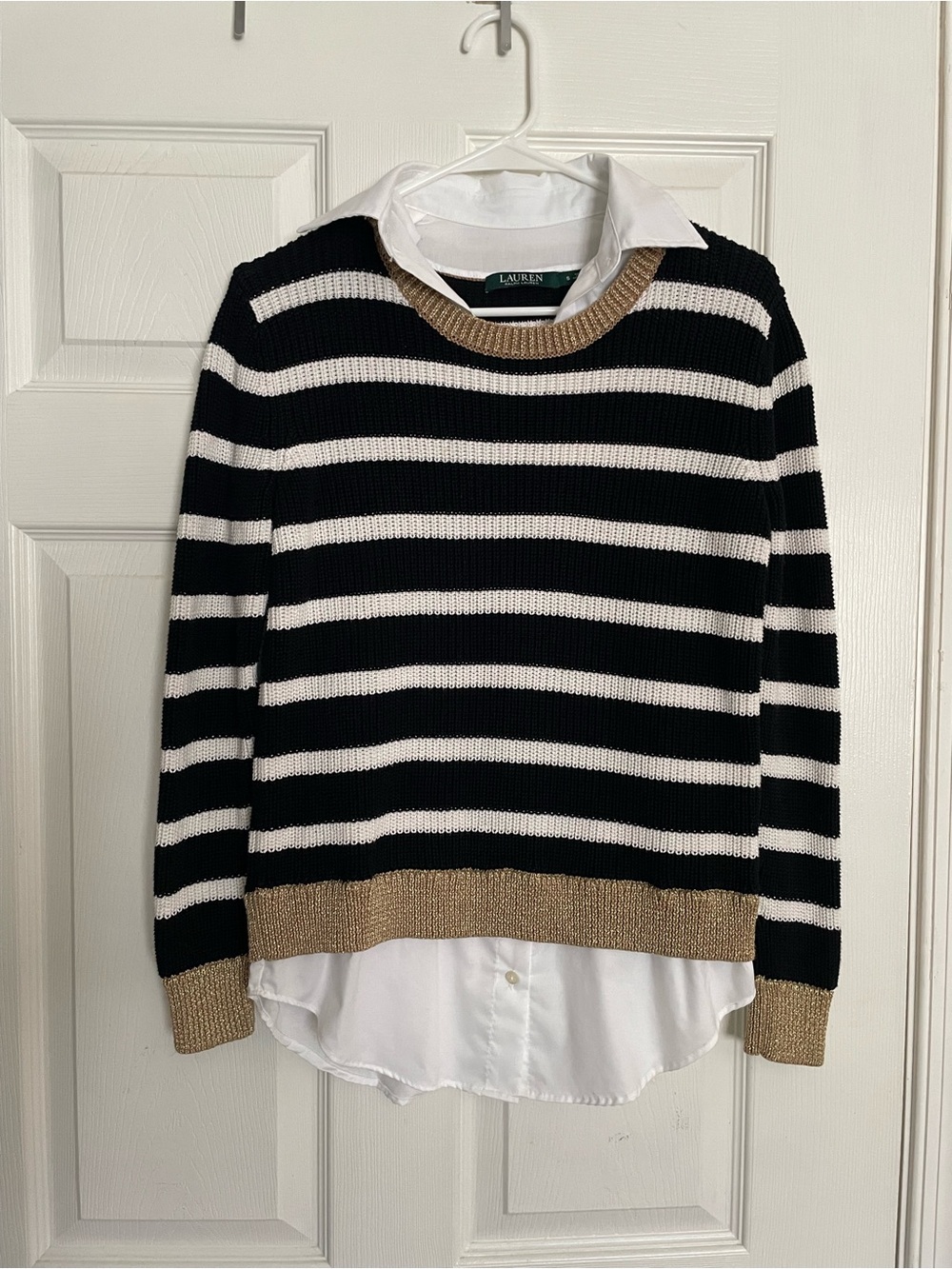 Lauren Ralph Lauren Size Small Black & White Striped Sweater with Gold Trim
